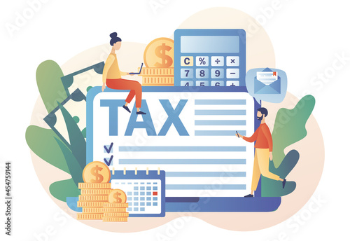 Tiny people filling tax form and pay bills on computer website. Online Tax payment. Business concept. Financial charge, obligatory payment calculating. Modern flat cartoon style. Vector illustration