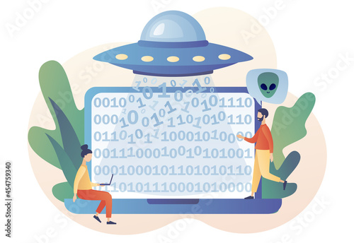 UFO spaceship with ray of light abducts data computer. World Contact day. Space concept. Alien. Futuristic unknown flying object. Modern flat cartoon style. Vector illustration on white background