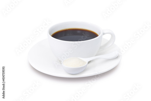 Collagen powder and cup of coffee isolated on white background. 