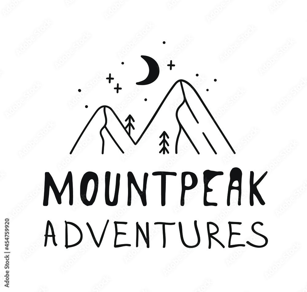 Hand drawn Mountain Logo set. Ski Resort vector icon, doodle element. Great Outdoor symbol isolated, travel label