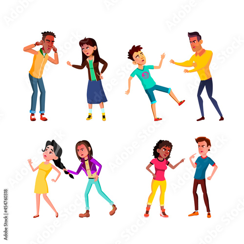 Teens Aggression And Conflict Arguing Set Vector. Angry Boys Aggressive Fighting Conflict, Boyfriend And Girlfriend Couple Quarrelling Together. Characters Flat Cartoon Illustrations
