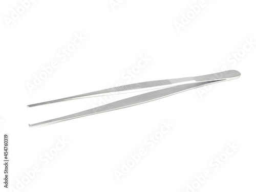 straight steel surgical tweezers with fang on a white background