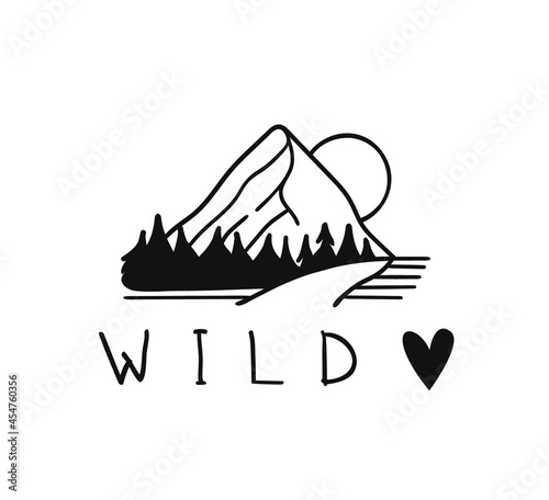 Hand drawn Mountain Logo set. Ski Resort vector icon, doodle element. Great Outdoor symbol isolated, travel label