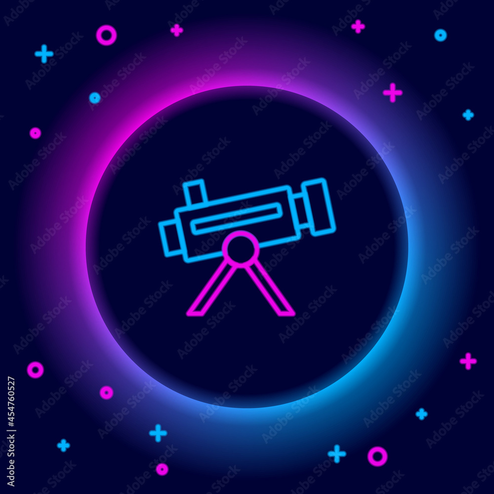 Glowing neon line Telescope icon isolated on black background. Scientific tool. Education and astronomy element, spyglass and study stars. Colorful outline concept. Vector Glowing neon line Telescope icon isolated on black background. Scientific tool. Education and astronomy element, spyglass and study stars. Colorful outline concept. Vector