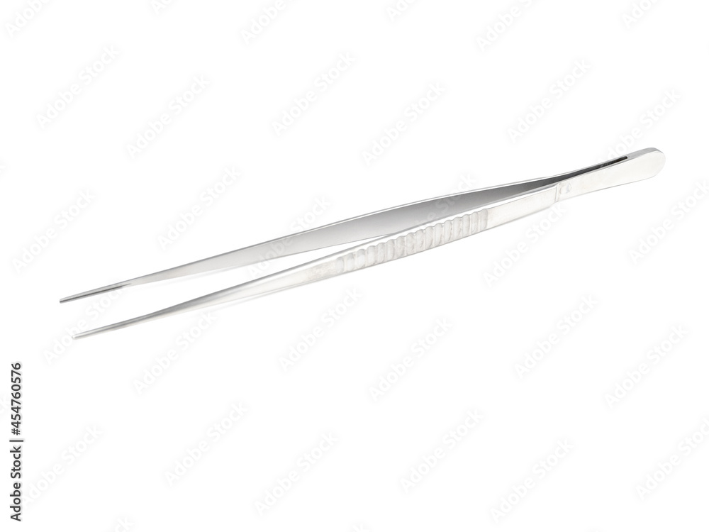 straight steel surgical tweezers with teeth on a white background straight steel surgical tweezers with teeth on a white background