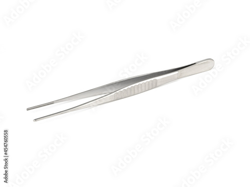 straight steel surgical tweezers with teeth on a white background