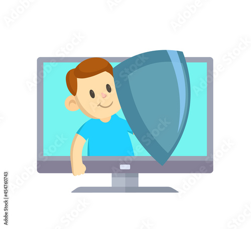 A boy with a shield in a computer monitor. Vector illustration isolated on white. Concept on the topic of child safety on the Internet or parental control function.