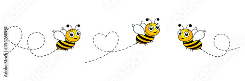 Cute bee icon set. Bees flying on a dotted route collection. Isolated on white background. Cartoon vector illustration.