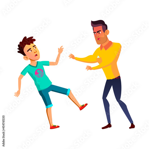 Teenagers Boys Fighting With Aggression Vector. Guys Teens Fight With Aggression Outdoor, Angry Muscular Student Bullying And Kicking Classmate. Characters Conflict Flat Cartoon Illustration