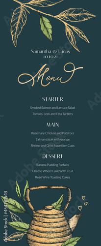 Vector illustration of a menu for tea drinking, weddings, parties. Tea leaves, desserts and main dishes on an elegant menu with hearts