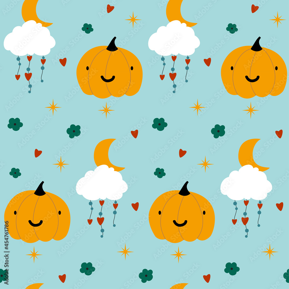 Vector seamless pattern for Halloween cute. Pumpkin, cloud, flower and moon on Halloween theme. On blue background Vector seamless pattern for Halloween cute. Pumpkin, cloud, flower and moon on Halloween theme. On blue background