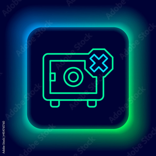 Glowing neon line Safe icon isolated on black background. The door safe a bank vault with a combination lock. Reliable Data Protection. Colorful outline concept. Vector