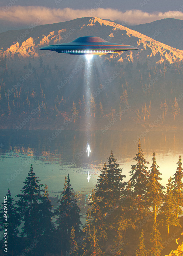 ufo flying over a lake in mountains with an abducted glowing alien near ...