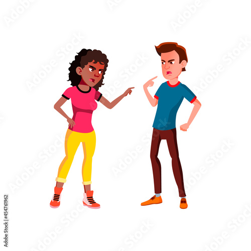 Boyfriend And Girlfriend Couple Conflict Vector. Aggressive Conflict Of Friends Boy And Girls Teenagers, Angry Quarrelling And Discussing. Characters Shouting Flat Cartoon Illustration