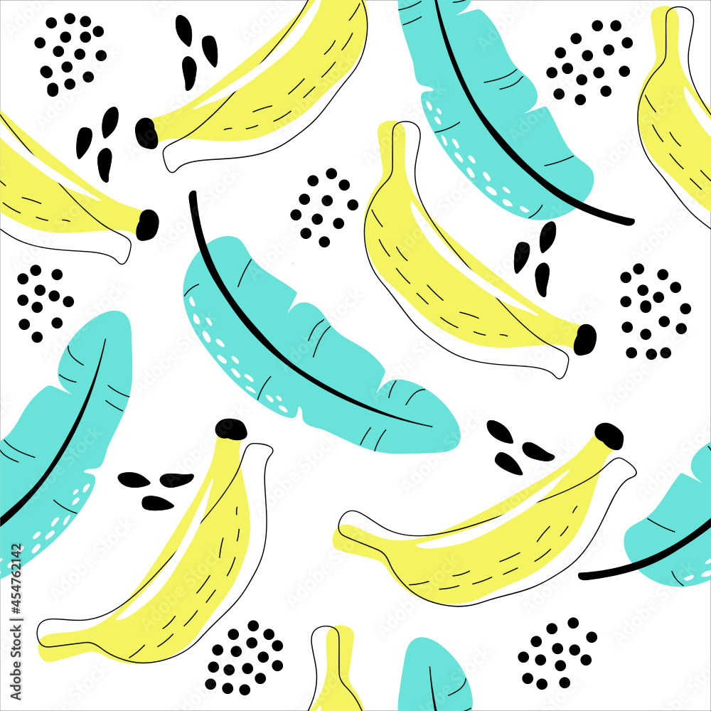 Banana seamless pattern with bananas.banana leaves and abstract on white background. Fruit vector.