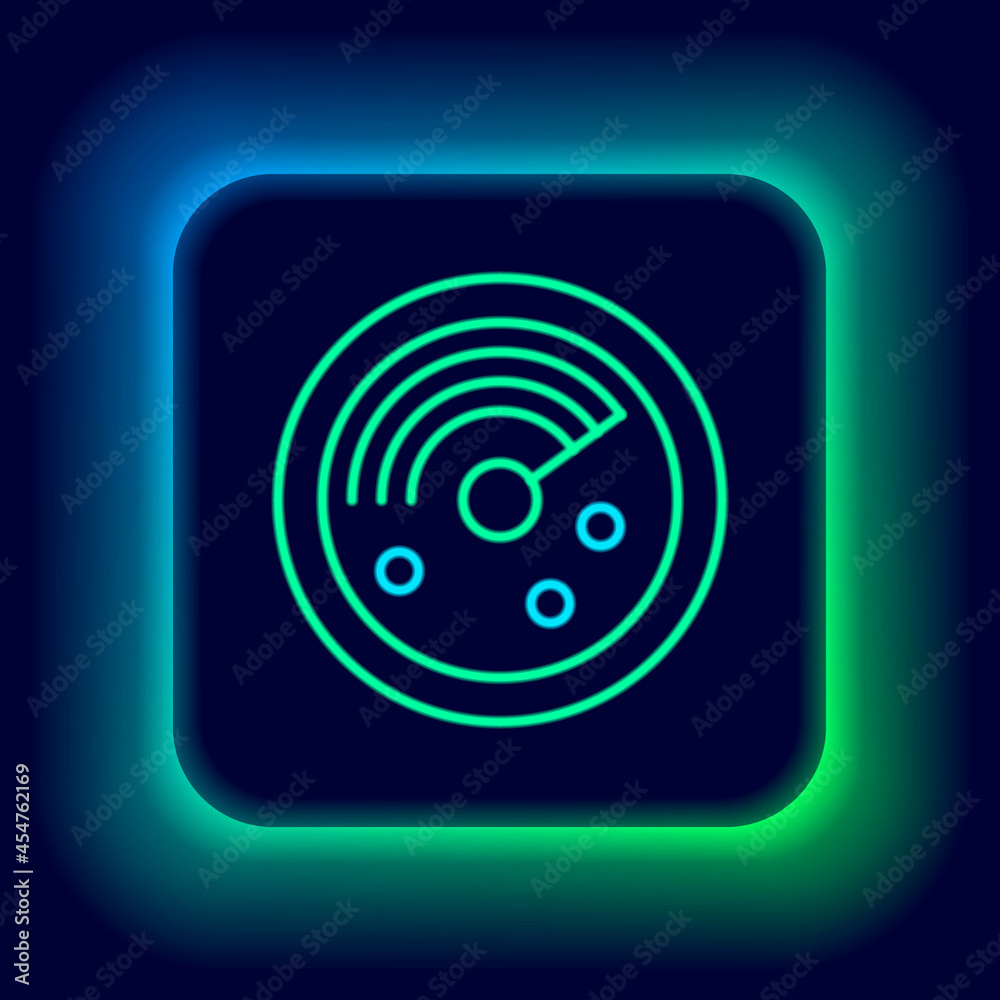 Glowing neon line Radar with targets on monitor in searching icon isolated on black background. Search system. Navy sonar. Colorful outline concept. Vector Glowing neon line Radar with targets on monitor in searching icon isolated on black background. Search system. Navy sonar. Colorful outline concept. Vector