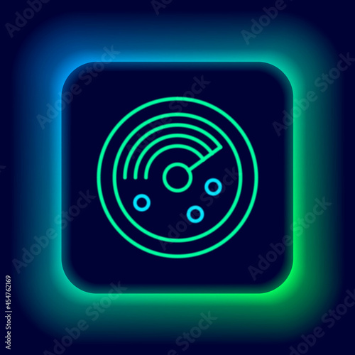 Glowing neon line Radar with targets on monitor in searching icon isolated on black background. Search system. Navy sonar. Colorful outline concept. Vector