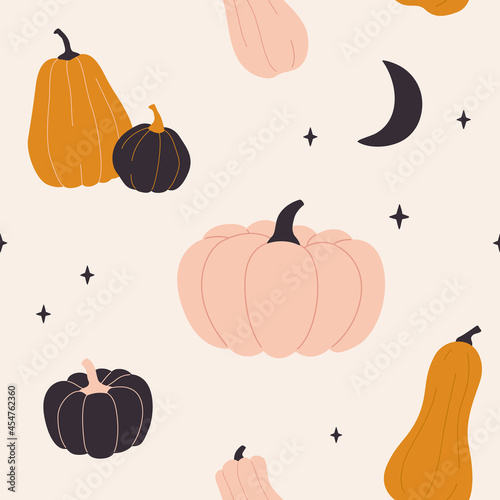 Cute seamless pattern with pumpkins in pastel colors. Vector background for Halloween. Hand drawn template for wrapping paper, textile, etc.