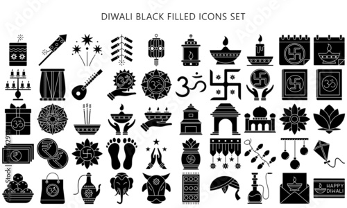 Diwali black filled icons set. Included icons as Deepavali celebrate, light festival, candle, lamp, Hindu celebration more. Used for modern concepts, web, UI or UX kit and applications, EPS 10.