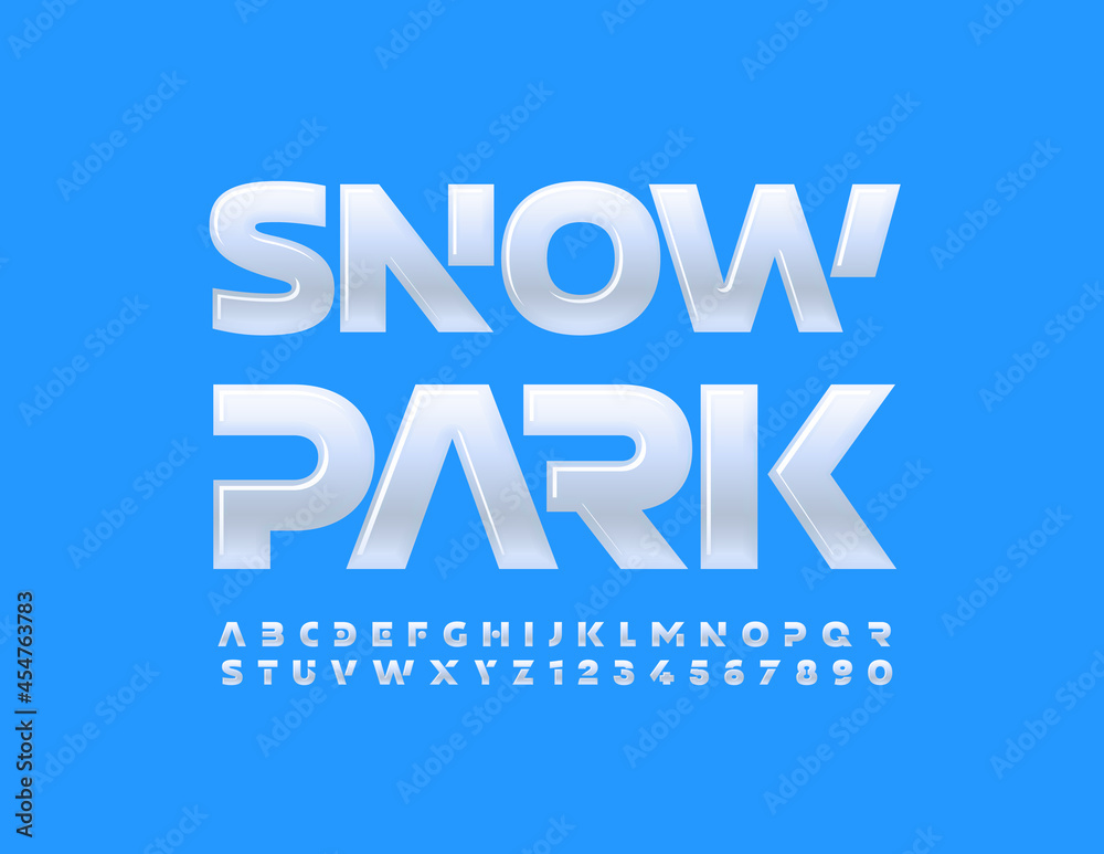 Vector modern sign Snow Park. Glossy abstract Font. Set of White Alphabet Letters and Numbers Vector modern sign Snow Park. Glossy abstract Font. Set of White Alphabet Letters and Numbers