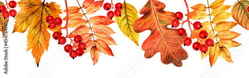 Horizontal seamless pattern with autumn leaves and berries isolated on white background for decoration, printing, packaging, fabric, textiles, embroidery. Oktoberfest. Watercolor hand painted