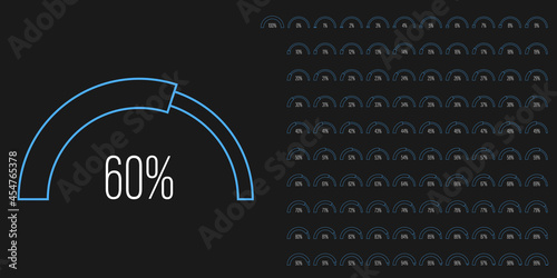 Set of circular sector arc percentage diagrams meters progress bar from 0 to 100 ready-to-use for web design, user interface UI or infographic - indicator with blue