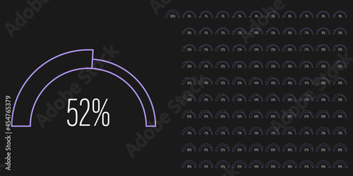 Set of circular sector arc percentage diagrams meters progress bar from 0 to 100 ready-to-use for web design, user interface UI or infographic - indicator with purple
