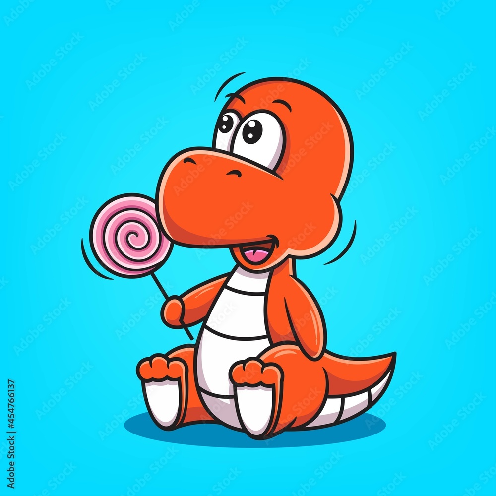 Naklejka premium cute red dino cartoon hold lollipop vector illustration