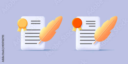 Paper letter with stamp and feather, modern 3d certificate icon, simple render style