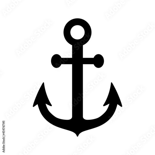 Anchor icon. Silhouette sea anchor. Black symbol boat or ship isolated on white background. Marine logo. Simple nautical design for prints. Maritime graphic element. Anchor sign. Vector illustration