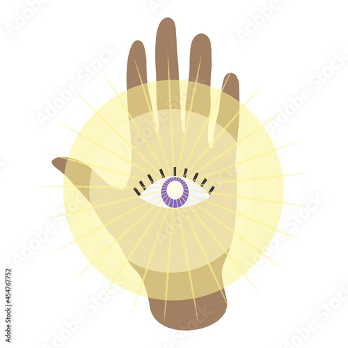 Fototapeta Naklejka Na Ścianę i Meble -  Human hand with eye on palm, predicting and seeing future, concept of sacred sign isolated vector illustration in flat style