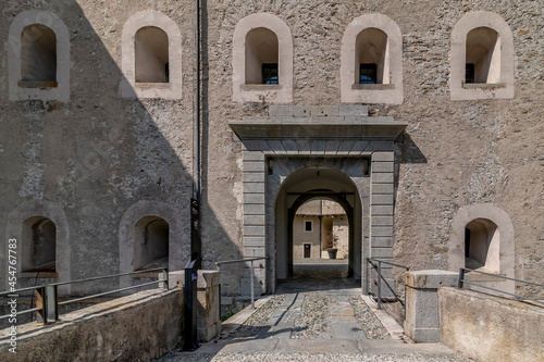 The facade of the top of the ancient Forte di Bard, Aosta Valley, Italy, on a sunny day