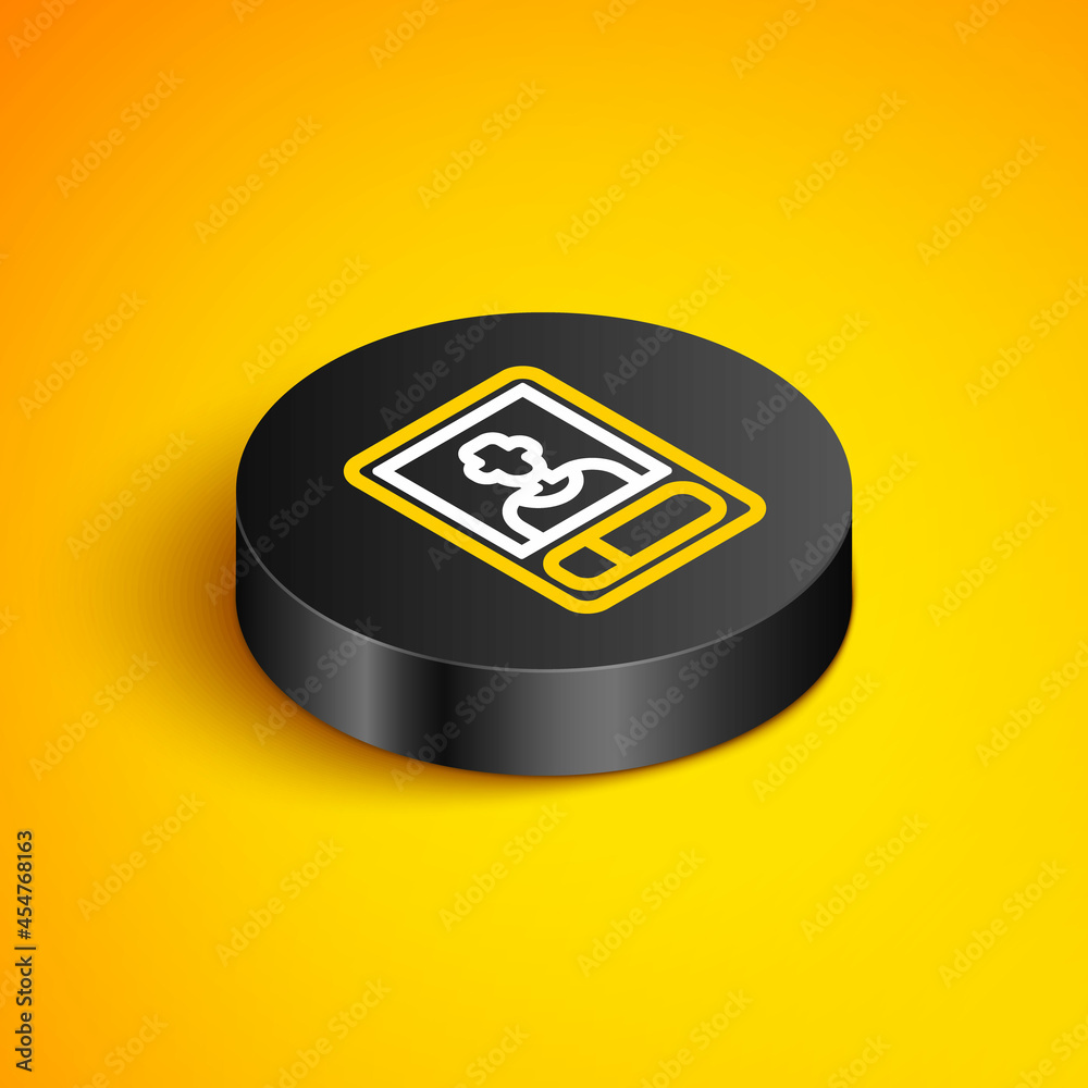 Isometric line Football or soccer card icon isolated on yellow background. Collection of football trading cards. Black circle button. Vector Isometric line Football or soccer card icon isolated on yellow background. Collection of football trading cards. Black circle button. Vector