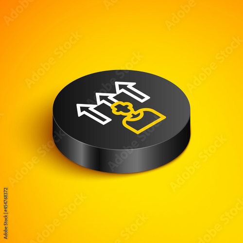 Isometric line Football or soccer player icon isolated on yellow background. Black circle button. Vector