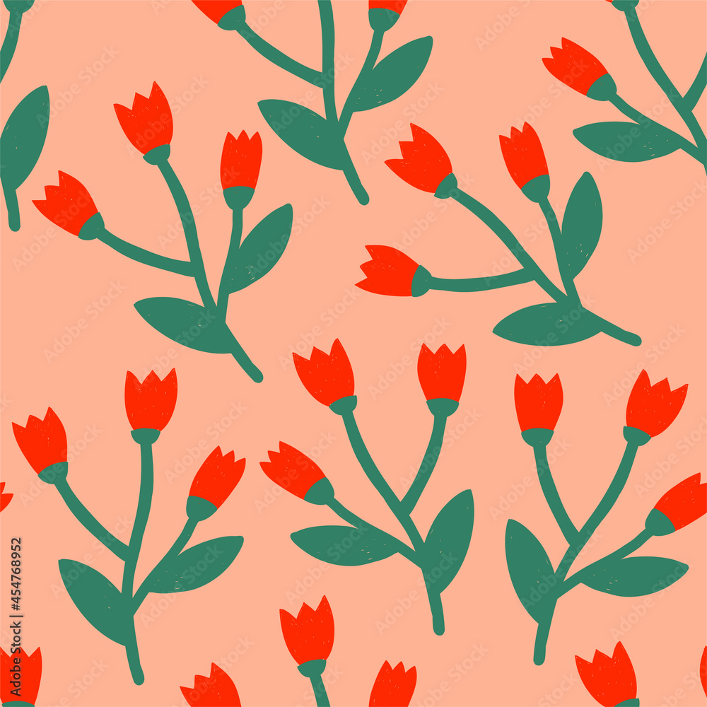 Cute minimalistic pattern with simple red flowers on pink background. Colorful naive print for textile, dresses, wallpaper and ect.