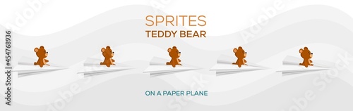 Sprites Of A Teddy Bear On a Paper Plane. Brown Teddy Bear. Flying Teddy Bear
