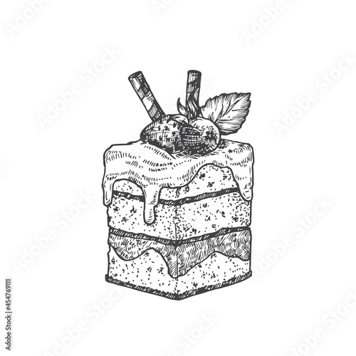 Square Cake with Berries Sweets Hand Drawn Doodle Vector Illustration. Confectionary Sketch Style Drawing. Isolated