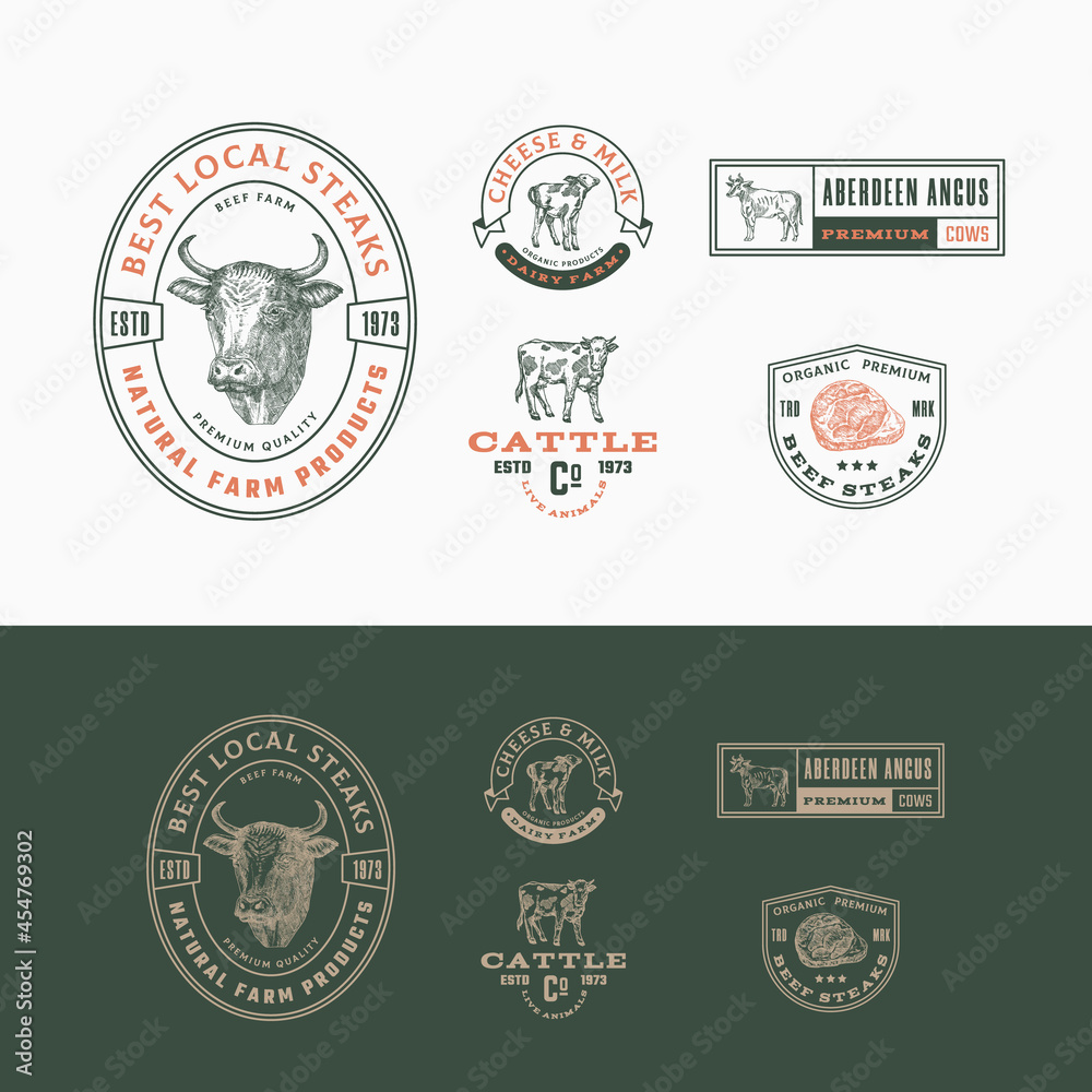 Best Local Cattle Farm Retro Framed Badges or Logo Templates Collection. Hand Drawn Beef Steak and Cows Animals Sketches with Retro Typography. Vintage Sketch Emblems Set. Isolated