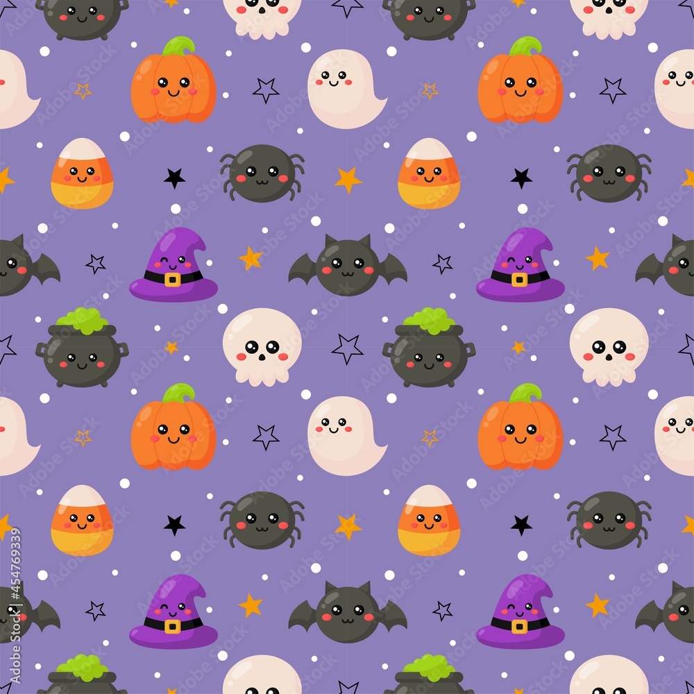 Fototapeta premium Halloween seamless pattern with funny spooky on purple background. vector Illustration.