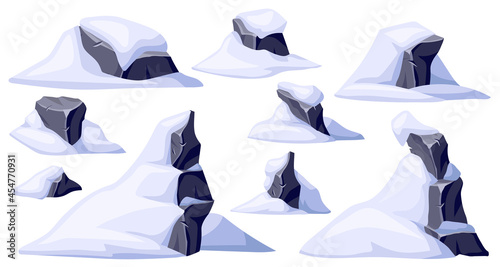 Set of old grey stones in snow. Broken cartoon rocks and snowdrifts. Ice age. Vector crag in winter. Aftermath of a natural disaster.
