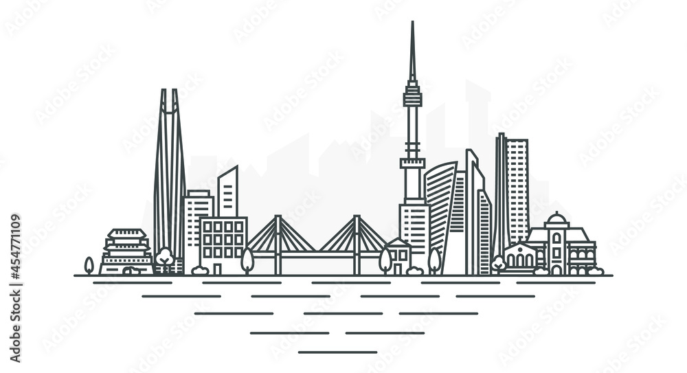 City of Seoul, South Korea architecture line skyline illustration. Linear vector cityscape with famous landmarks, city sights, design icons, with editable strokes isolated on white background.