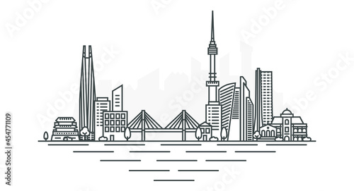 City of Seoul, South Korea architecture line skyline illustration. Linear vector cityscape with famous landmarks, city sights, design icons, with editable strokes isolated on white background.