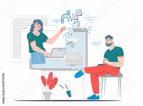 Business partners at internet conference, online meeting or staff training, cartoon flat vector illustration isolated on white. Online business and team communication opportunities. © Anastasia