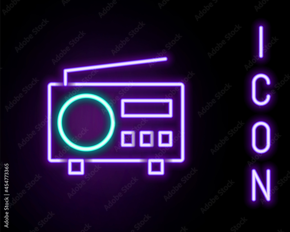Glowing neon line Radio with antenna icon isolated on black background. Colorful outline concept. Vector Glowing neon line Radio with antenna icon isolated on black background. Colorful outline concept. Vector