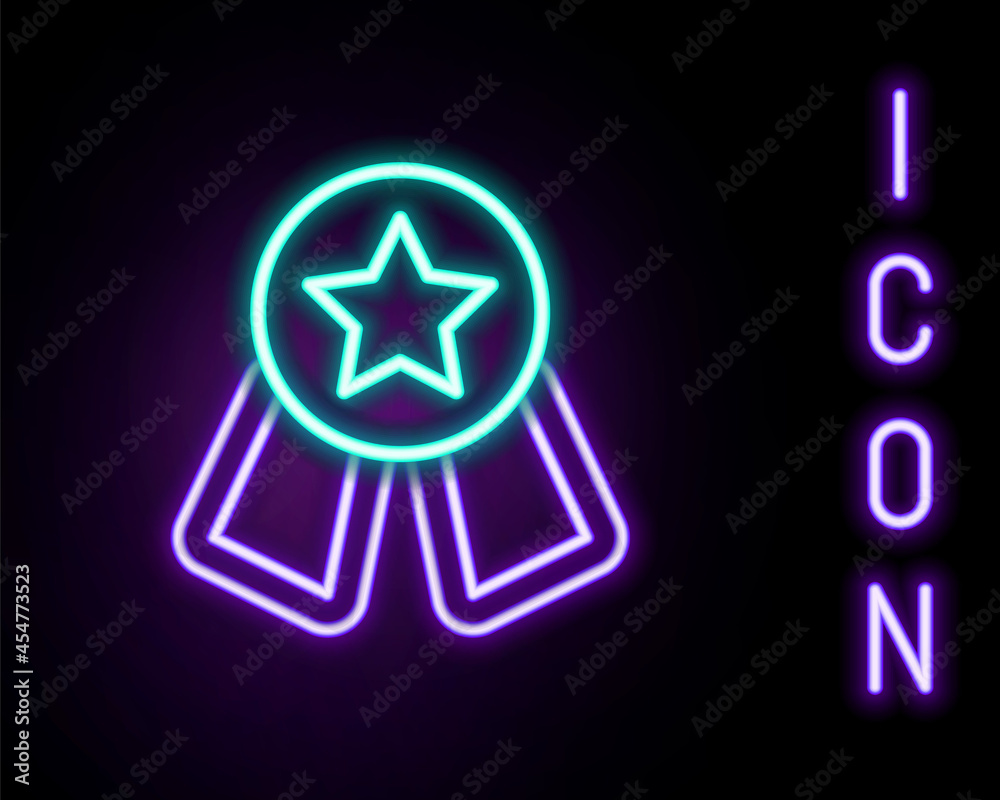 Glowing neon line Medal with star icon isolated on black background. Winner symbol. Colorful outline concept. Vector