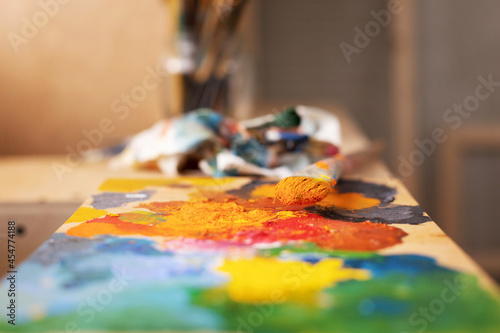Paint brush and art painting canvas as abstract background texture. Paintbrush painting