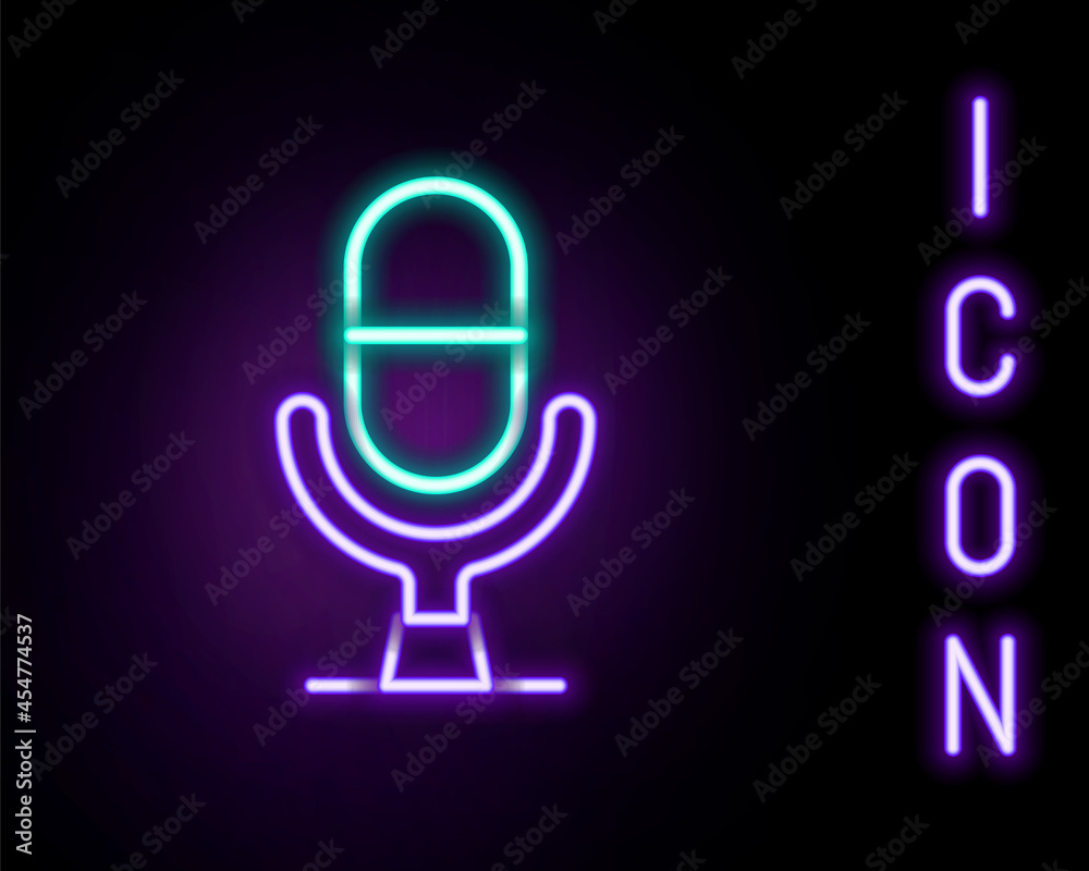 Glowing neon line Microphone voice device icon isolated on black background. Microphone interpreter and alphabet letters. Colorful outline concept. Vector Glowing neon line Microphone voice device icon isolated on black background. Microphone interpreter and alphabet letters. Colorful outline concept. Vector