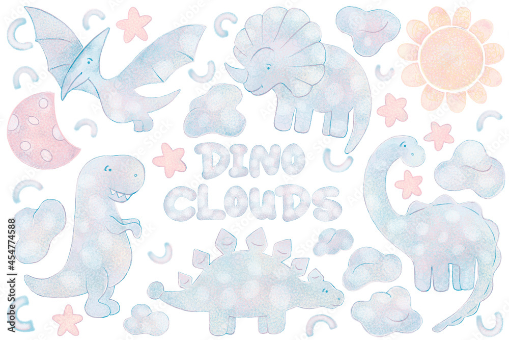 Funny cartoon dinosaurs. Cute Dino characters. Heaven and clouds, stars, sky. Backdrop for textile and fabric.