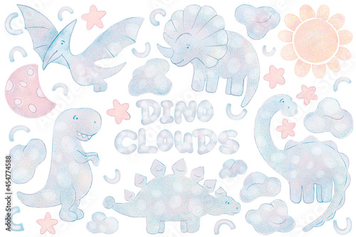 Funny cartoon dinosaurs. Cute Dino characters. Heaven and clouds, stars, sky. Backdrop for textile and fabric.