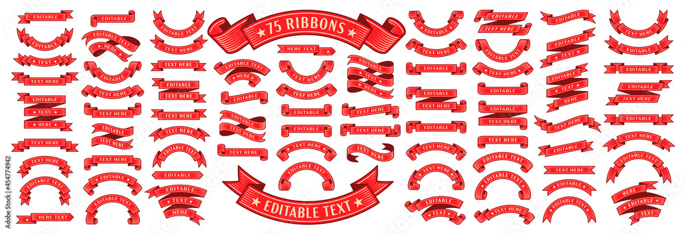 Set of 75 Ribbons. Ribbon elements. Starburst label. Vintage. Modern simple ribbons collection. Vector illustration with editable text - obrazy, fototapety, plakaty 